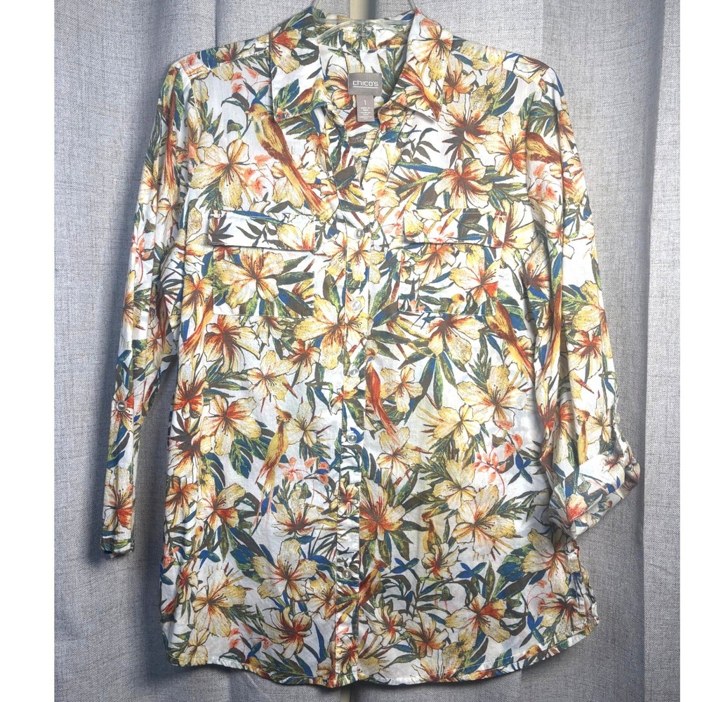 Chico's Floral Bird Print Cotton Button Down Shirt Roll Tab Sleeve Size 1 M